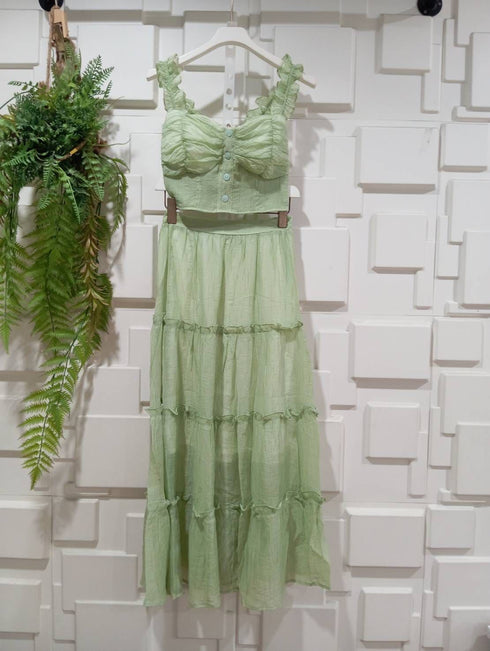 Summer Padded Crop Blouse with Tiered Long Skirts Sets